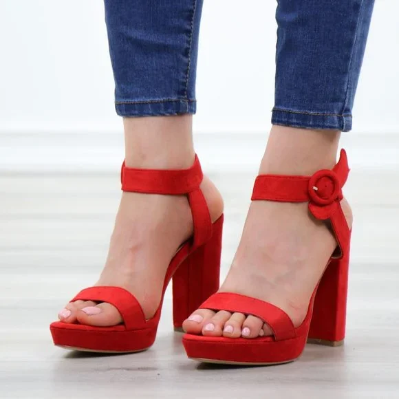 Faux Suede Red Platform Open Pointy Toe High Heels - Picture 12 of 14